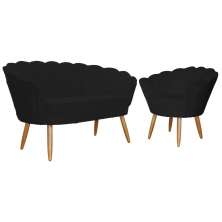 Kit Namoradeira e 1 Poltrona Pétala Decorativa Veludo Preto - Montanaris Decor