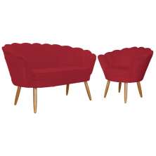 Kit Namoradeira e 1 Poltrona Pétala Decorativa Veludo Vermelho - Montanaris Decor