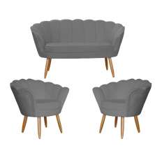 Kit Namoradeira e 2 Poltronas Pétala Decorativa Veludo Cinza - Montanaris Decor