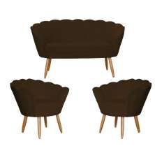 Kit Namoradeira e 2 Poltronas Pétala Decorativa Veludo Marrom  - Montanaris Decor