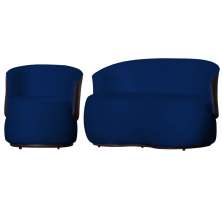Kit Poltrona e 1 Namoradeira Orgânica Decorativa Beatriz Veludo Azul Marinho/PU Marrom - Montanaris Decor