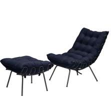Kit Poltrona e Puff Decorativo Costela Veludo  Azul Marinho  - Montanaris Decor