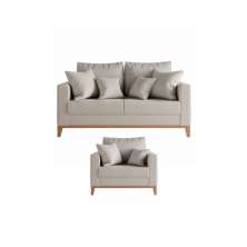 Kit Sofá e Poltrona Decorativo Beni 1,80cm Beni Base Madeira Linho Bege - Montanaris Decor