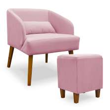 Poltrona Decorativa com Puff Virgínia Veludo Rosa - Montanaris Decor