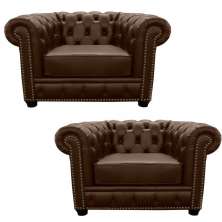 Kit 2 Poltronas Chesterfield com Pés Madeira Couro Capucino - Mempra