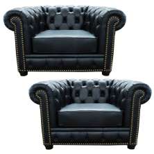 Kit 2 Poltronas Chesterfield com Pés Madeira Couro Preto - Mempra