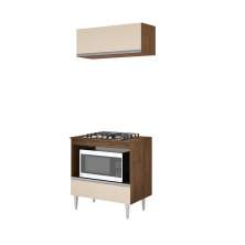 BALCÃO PARA COOK TOP MILLA  COM TAMPO MADEIRA  E AEREO BASCULANTE CASTANHO OFF WHITE PUXADOR ALUMINIO