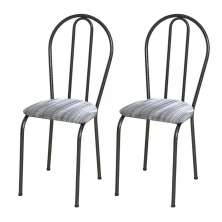 Kit 02 Cadeiras Tubular Cromo Preto 004 Assento Linho