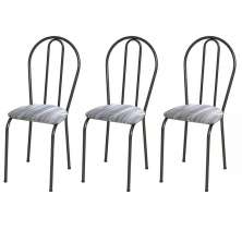 Kit 03 Cadeiras Tubular Cromo Preto 004 Assento Linho