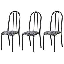 Kit 03 Cadeiras Tubular Cromo Preto 056 Assento Preto Listrado