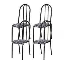 Kit 04 Cadeiras Tubular Cromo Preto 056 Assento Preto Listrado