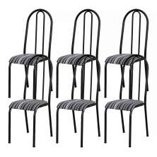 Kit 06 Cadeiras Tubular Cromo Preto 056 Assento Preto Listrado