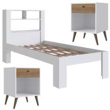 Conjunto Cama Solteiro E 02 Mesas de Cabeceira Branco Mel PRODDY