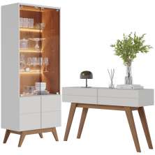 Kit Cristaleira E Aparador Para Sala Noronha Off White Matte Freijo CLB