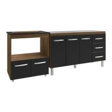 Armário Balcão Gabinete de Pia 140 cm Carine e Balcão Para Fogão Cooktop 5 Bocas e Forno Elétrico Evelyn Savana Preto 