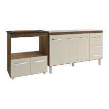 Armário Balcão Gabinete de Pia 140cm Carine e Balcão Para Fogão Cooktop 4 Bocas e Forno Elétrico Evelyn Savana Off White 
