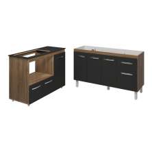 Armário Camila Cozinha Gabinete de Pia 140 cm e Balcão para Cooktop 5 Bocas e Forno ou Microondas Alana Savana Preto 