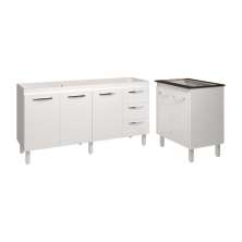 Armário Cozinha Balcão Gabinete de Pia 160 cm Estela e Balcão Fran para Fogão Cooktop 5 Bocas Branco 