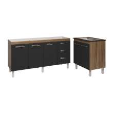 Armário Cozinha Balcão Gabinete de Pia 160 cm Estela e Balcão Fran para Fogão Cooktop 5 Bocas Savana Preto 