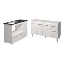 Armário Cozinha Carine Gabinete de Pia 140 cm e Balcão Alana para Cooktop 4 Bocas e Forno ou Microondas Branco 