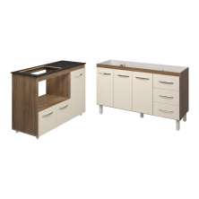 Armário Cozinha Carine Gabinete de Pia 140 cm e Balcão Alana para Cooktop 4 Bocas e Forno ou Microondas Savana Off White 