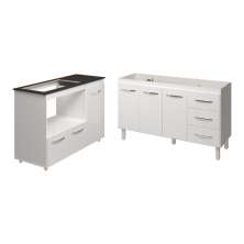 Armário Cozinha Carine Gabinete de Pia 140 cm e Balcão Alana para Cooktop 5 Bocas e Forno ou Microondas Branco 