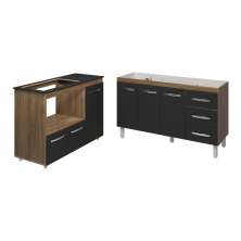 Armário Cozinha Carine Gabinete de Pia 140 cm e Balcão Alana para Cooktop 5 Bocas e Forno ou Microondas Savana Preto 