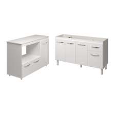 Balcão Armário Camila Cozinha Gabinete de Pia 140 cm e Balcão para Forno Elétrico e Microondas Lilian Branco 