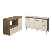 Balcão Armário Camila Cozinha Gabinete de Pia 140 cm e Balcão para Forno Elétrico e Microondas Lilian Savana Off White 