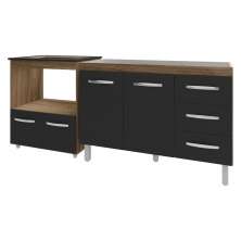 Balcão Armário Cozinha Gabinete de Pia 120 cm Bruna e Balcão para Fogão Cooktop 4 Bocas e Forno Evelyn Savana Preto 