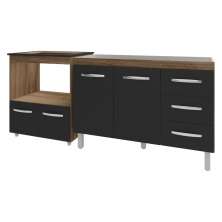 Balcão Armário Cozinha Gabinete de Pia 120 cm Bruna e Balcão para Fogão Cooktop 5 Bocas e Forno Evelyn Savana Preto 