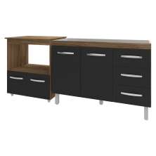 Balcão Armário Cozinha Gabinete de Pia 120 cm Bruna e Balcão para Microondas e Forno Elétrico Amanda Savana Preto 