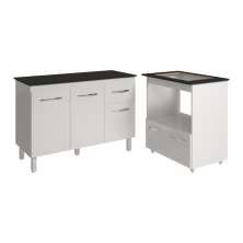 Balcão Armário Gabinete Aline 118 cm Branco com Tampo Preto e Balcão Evelyn para Cooktop 4 Bocas Branco 