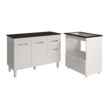Balcão Armário Gabinete Aline 118 cm Branco com Tampo Preto e Balcão Evelyn para Cooktop 5 Bocas Branco 