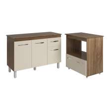 Balcão Armário Gabinete Aline 118 cm Savana Off White com Tampo Savana e Balcão Amanda Forno Microondas Savana Off White 