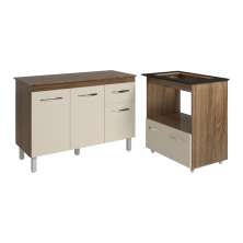 Balcão Armário Gabinete Aline 118 cm Savana Off White com Tampo Savana e Balcão Evelyn Cooktop 4 Bocas Savana Off White 