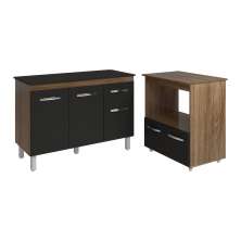 Balcão Armário Gabinete Aline 118 cm Savana Preto com Tampo Preto e Balcão Amanda para Forno e Microondas Savana Preto 