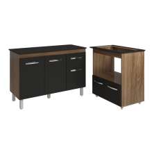 Balcão Armário Gabinete Aline 118 cm Savana Preto com Tampo Preto e Balcão Evelyn para Cooktop 5 Bocas Savana Preto 