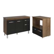 Balcão Armário Gabinete Aline 118 cm Savana Preto com Tampo Savana e Balcão Amanda para Forno e Microondas Savana Preto 