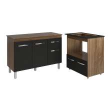 Balcão Armário Gabinete Aline 118 cm Savana Preto com Tampo Savana e Balcão Evelyn para Cooktop 4 Bocas Savana Preto 