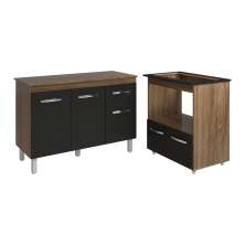 Balcão Armário Gabinete Aline 118 cm Savana Preto com Tampo Savana e Balcão Evelyn para Cooktop 5 Bocas Savana Preto 