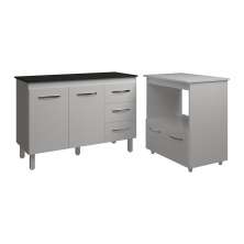 Balcão Armário Gabinete Bruna 118 cm Branco com Tampo Preto e Balcão Amanda para Forno e Microondas Branco 