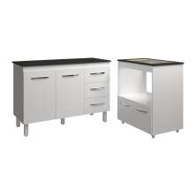 Balcão Armário Gabinete Bruna 118 cm Branco com Tampo Preto e Balcão Evelyn para Cooktop 4 Bocas Branco 