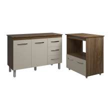 Balcão Armário Gabinete Bruna 118 cm Savana Off White com Tampo Savana e Balcão Amanda Forno Microondas Savana Off White 