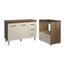 Balcão Armário Gabinete Bruna 118 cm Savana Off White com Tampo Savana e Balcão Evelyn Cooktop 4 Bocas Savana Off White 