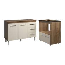 Balcão Armário Gabinete Bruna 118 cm Savana Off White com Tampo Savana e Balcão Evelyn Cooktop 5 Bocas Savana Off White 