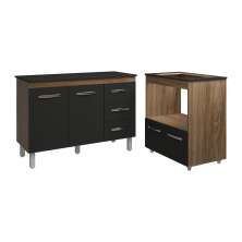 Balcão Armário Gabinete Bruna 118 cm Savana Preto com Tampo Preto e Balcão Evelyn para Cooktop 4 Bocas Savana Preto 