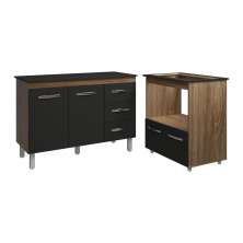 Balcão Armário Gabinete Bruna 118 cm Savana Preto com Tampo Preto e Balcão Evelyn para Cooktop 5 Bocas Savana Preto 