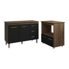 Balcão Armário Gabinete Bruna 118 cm Savana Preto com Tampo Savana e Balcão Amanda para Forno e Microondas Savana Preto 