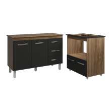 Balcão Armário Gabinete Bruna 118 cm Savana Preto com Tampo Savana e Balcão Evelyn para Cooktop 5 Bocas Savana Preto 